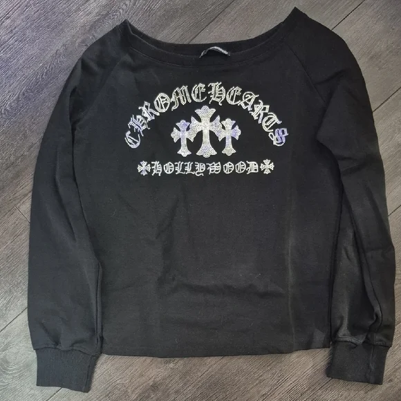 BLACK SWEATSHIRT WITH CHROME HEARTS EMBELLISHMENTS - Picture 1 of 3